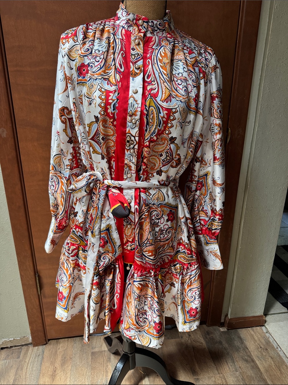 Fate Paisley Red Trim Belted Shirtdress